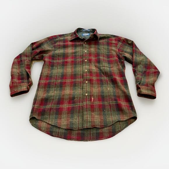 Pendleton Mens Red Plaid 100% Wool Long Sleeve Button Up Shirt M USA *Flaws* - Picture 1 of 14